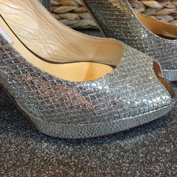 Jimmy Choo Silver “Nova” Peep Toe Heels - Picture 10 of 16